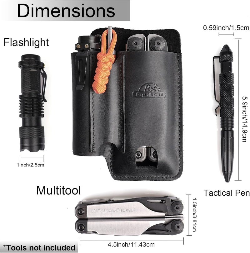 topstache Leather Multitool Sheath with Belt Clip - Leather Multitool Pouch for Belt - EDC Belt Organizer - Multitool Holster Fits Multitool, Flashlight, Pen - Leather Multitool Holder - Black - Image 4